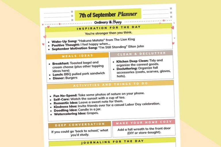 september 7th daily planner printable tilted to the left displayed on a colorful yellow and vanilla background