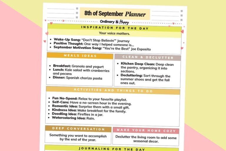 september 8th daily planner printable with lists of ideas for the day in color-coded sections on a 2-color background