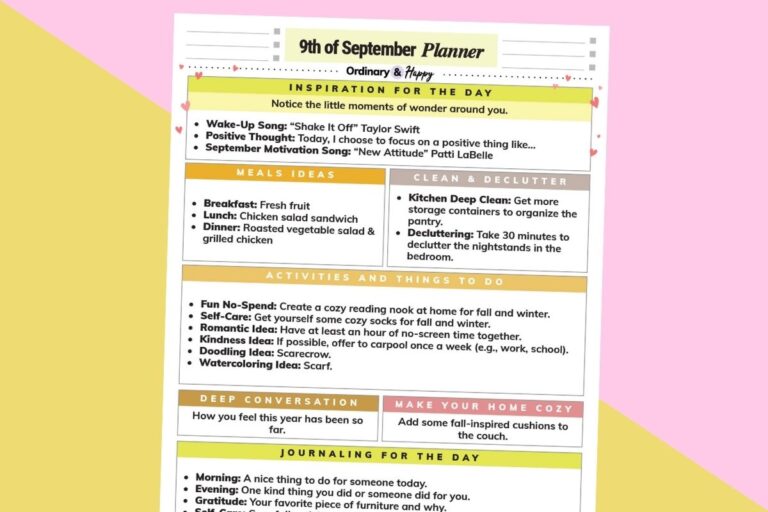 september 9th daily planner printable tilted to the right displayed on a yellow and pink block color background