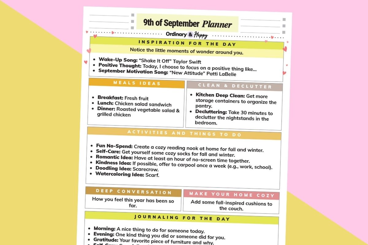 september 9th daily planner printable tilted to the right displayed on a yellow and pink block color background