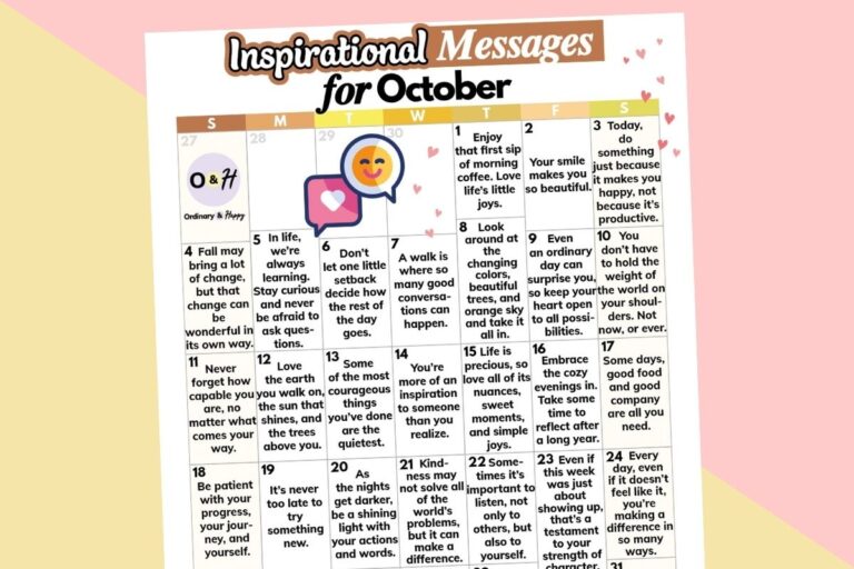 october inspirational messages calendar on a light orange and red background