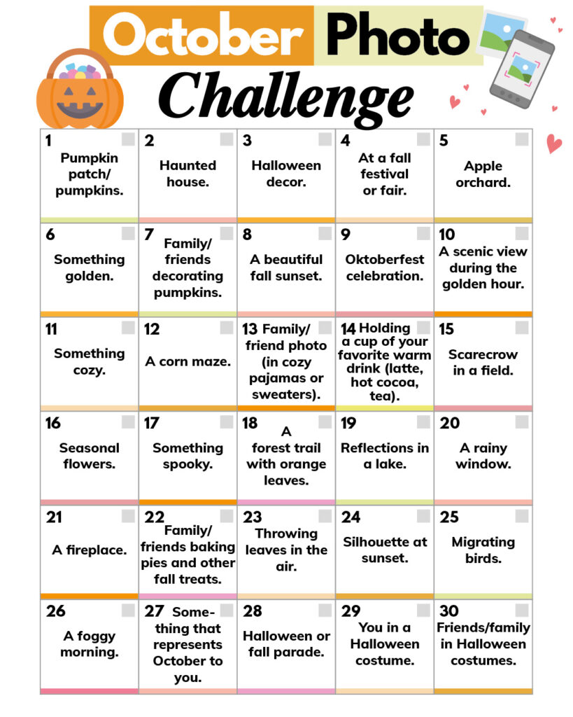 October Photo Bucket List (bingo card).