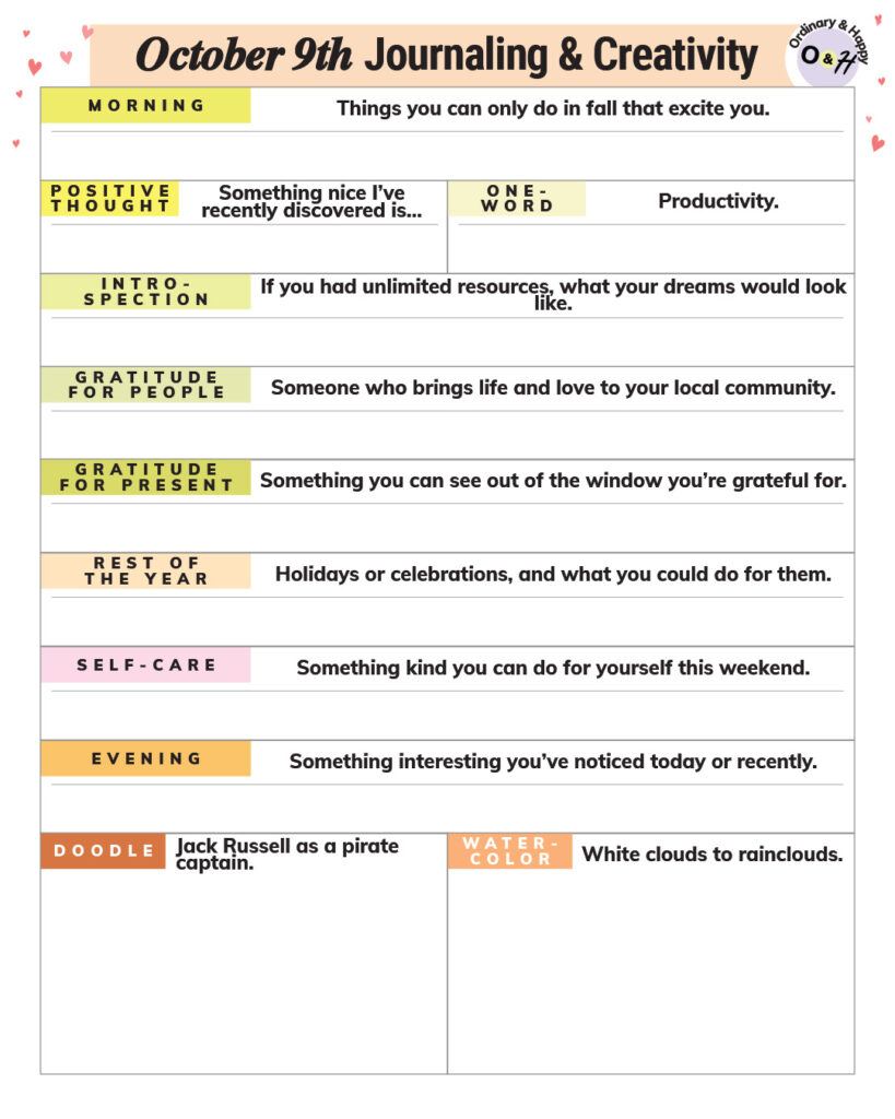 Journaling planner for October 9th, 2026