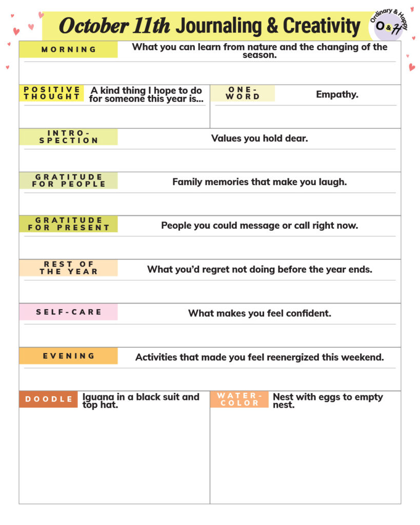 october 11th journaling and creativity worksheet planner printable with prompts to write about