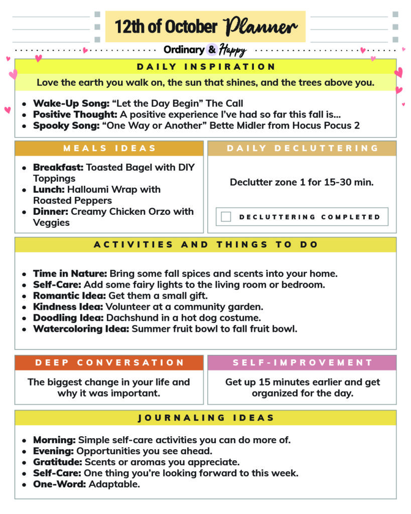 october 12th daily planner printable with rectangular sections containing lists for different areas of daily life