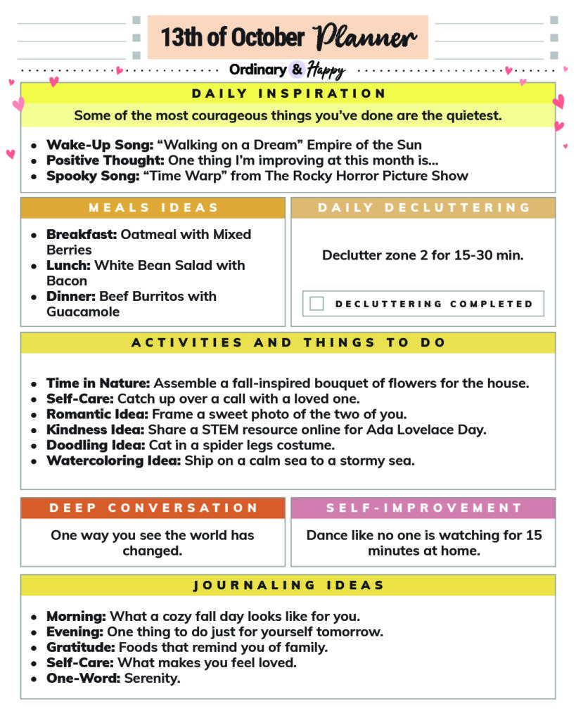 october 13th daily planner printable with lists of ideas for the day