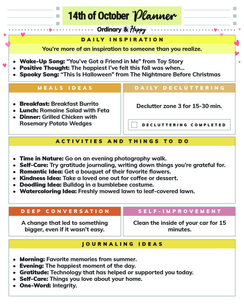 october 14th daily planner printable with lists of ideas for the day