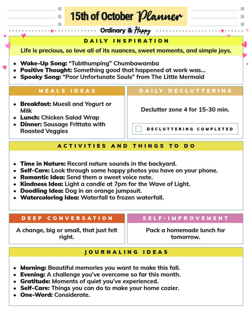 october 15th daily planner printable with listicles for different areas of daily life in different sections