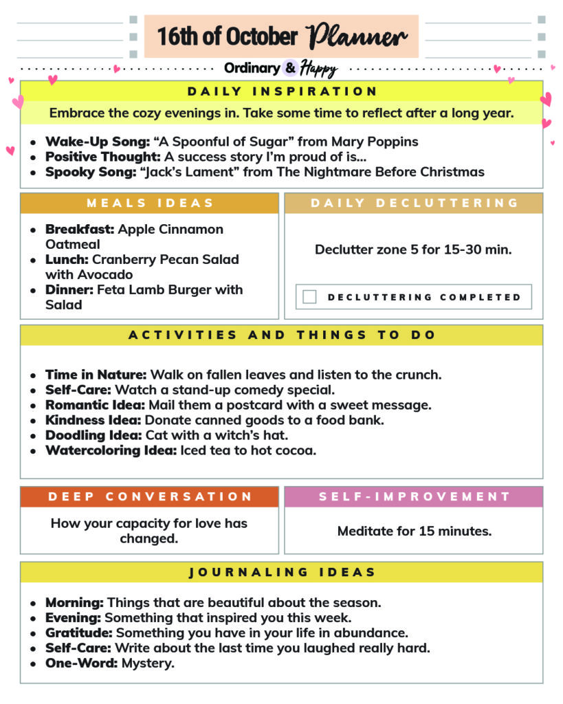 october 16th daily planner printable with color-coded sections and lists of ideas