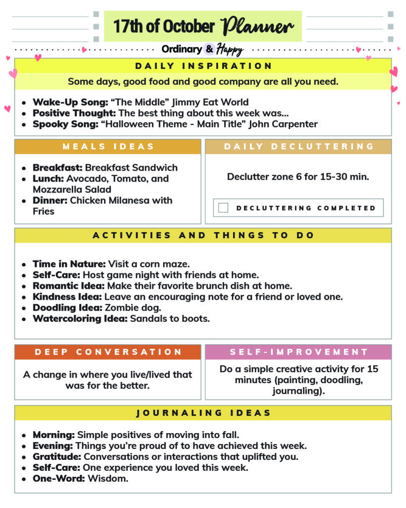 october 17th daily planner printable with lists of idess in color-coded sections