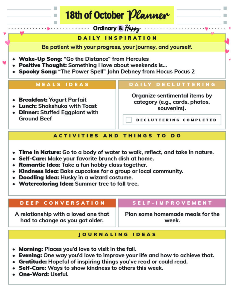 october 18th daily planner printable with lists of ideas for different areas of daily life