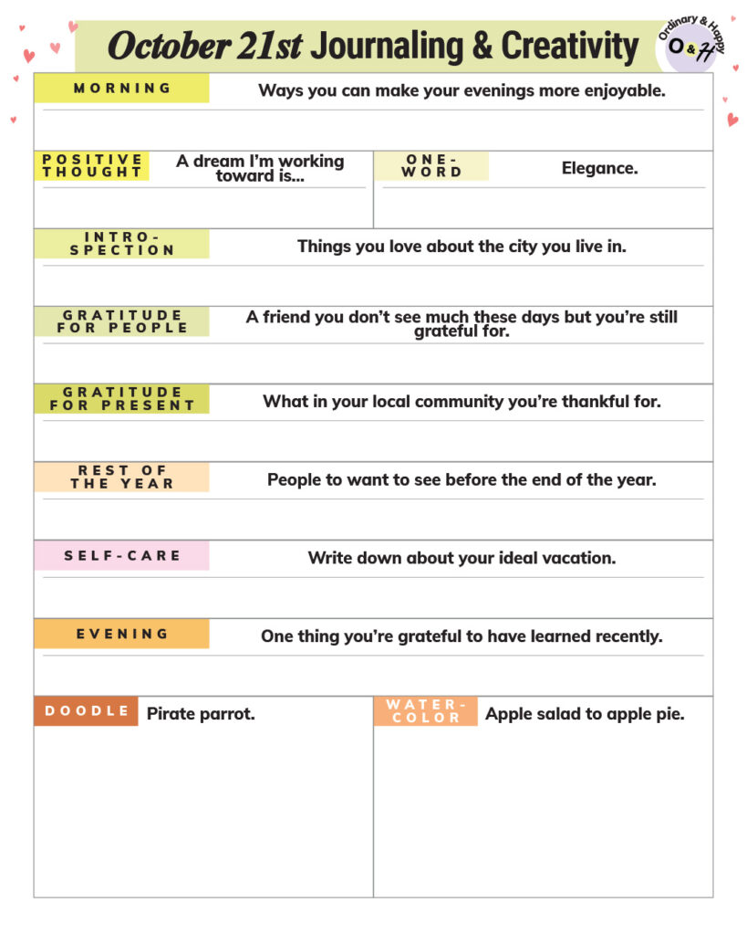 october 21st journaling printable with prompts on the left and spaces to fill in your answers