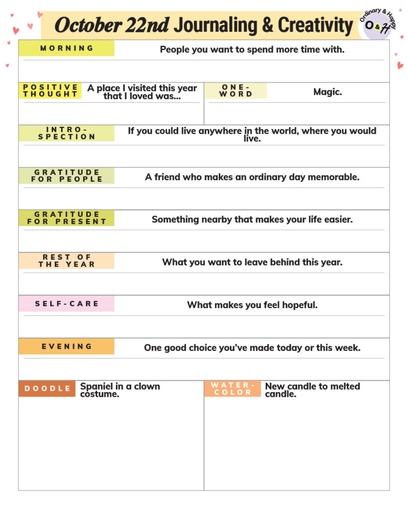october 22nd planner with a list of journaling, drawing, and painting prompts with spaces for writing and creativity