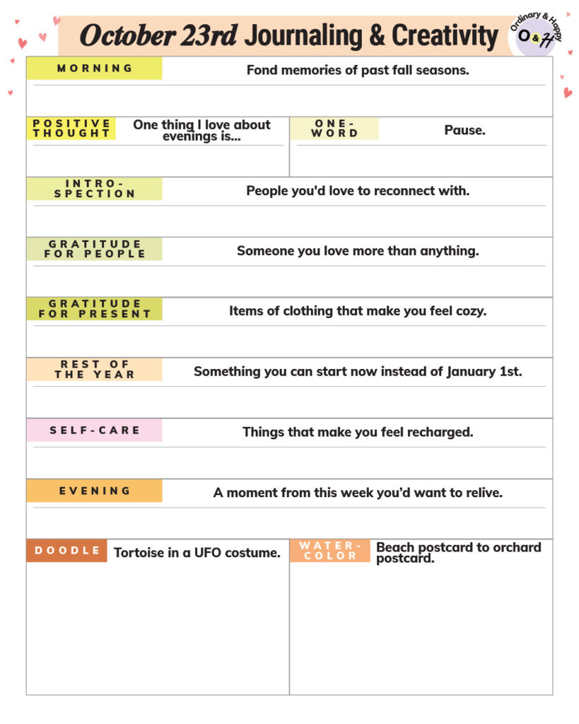 october 23rd journaling and creativity worksheet planner with lists of ideas for the day