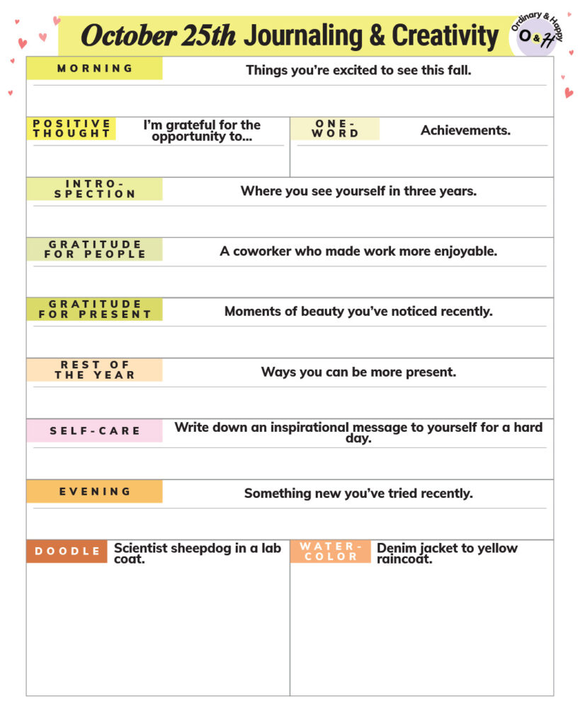 october 25th journaling and creativity worksheet planner with prompts to write about