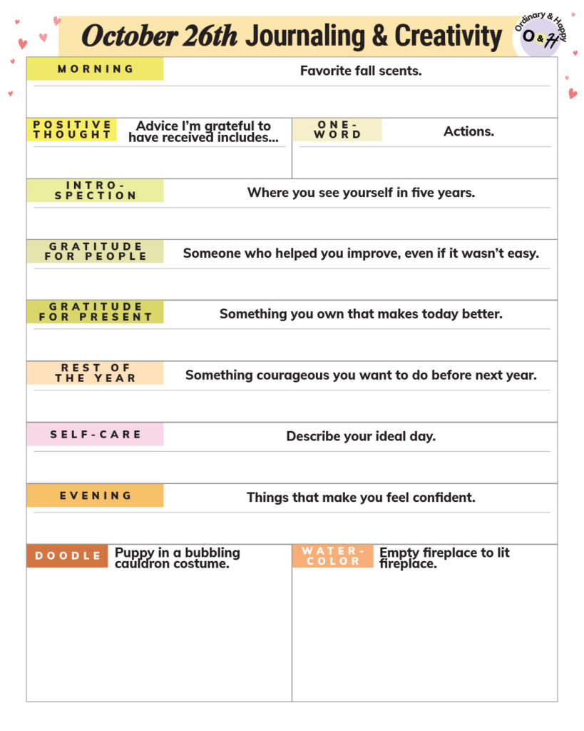 october 28th journaling and creativity worksheet planner with color-coded prompts and spaces to write your answers