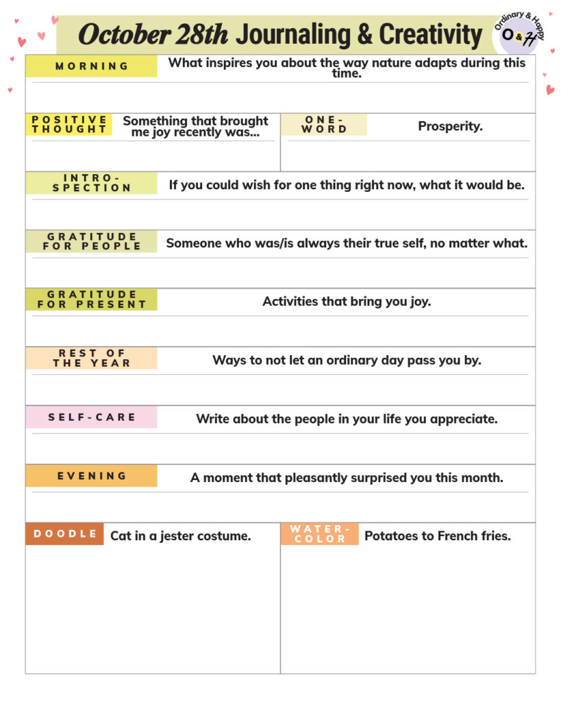 october 28th journaling and creativity worksheet planner with color-coded prompts and spaces to write your answers