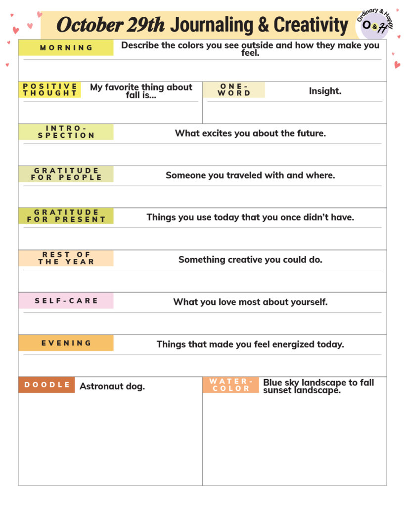 october 29th journaling and creativity worksheet planner with color-coded prompts and spaces to write your answers