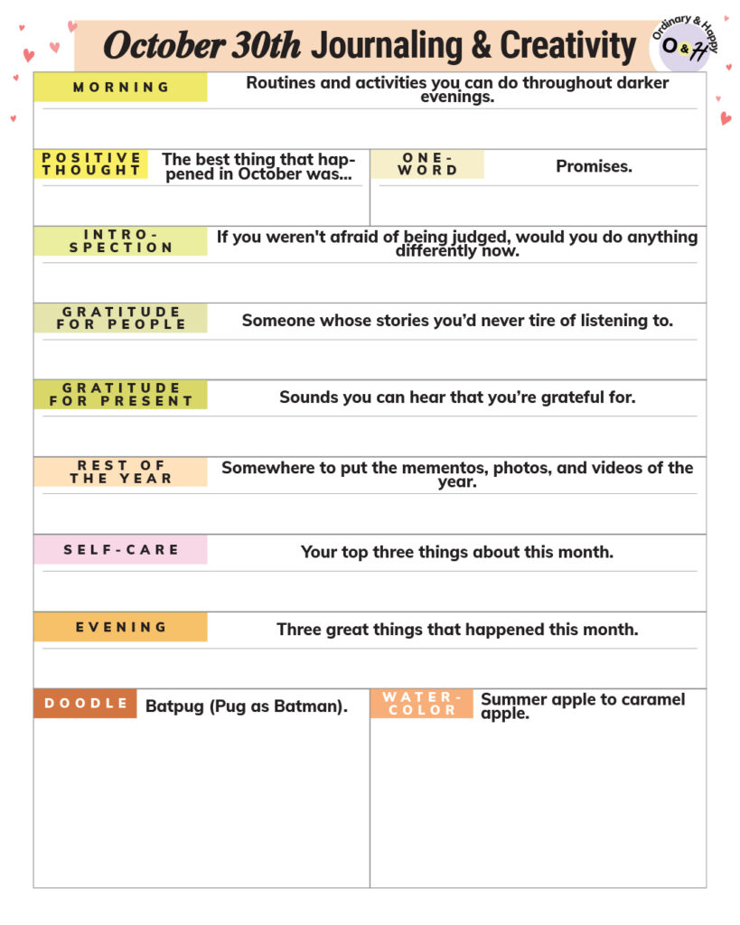 october 30th journaling and creativity worksheet planner with color-coded prompts and spaces to write your answers