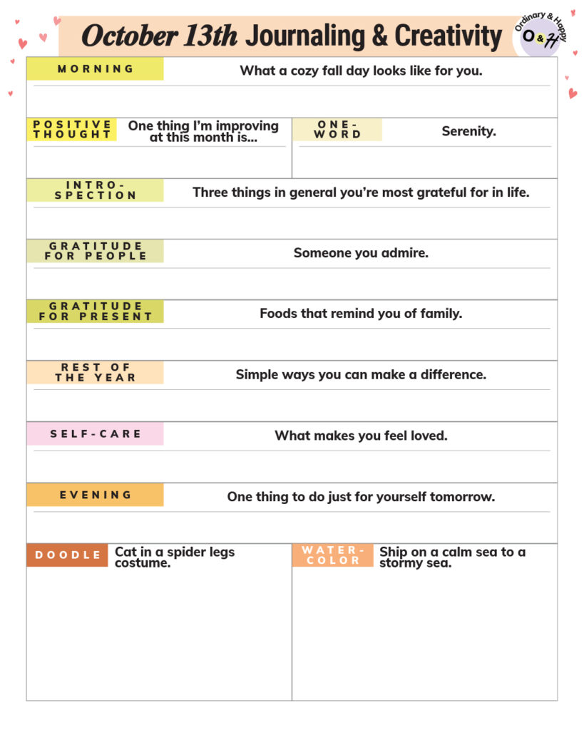 october 13th journaling and creativity prompts planner