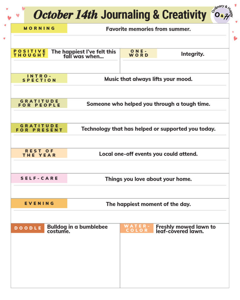 october 14th journaling prompts and creativity ideas worksheet with space to write your answers