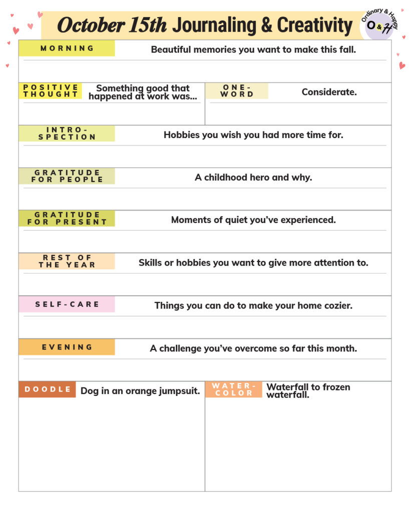 october 15th journaling and creative prompts printable planner