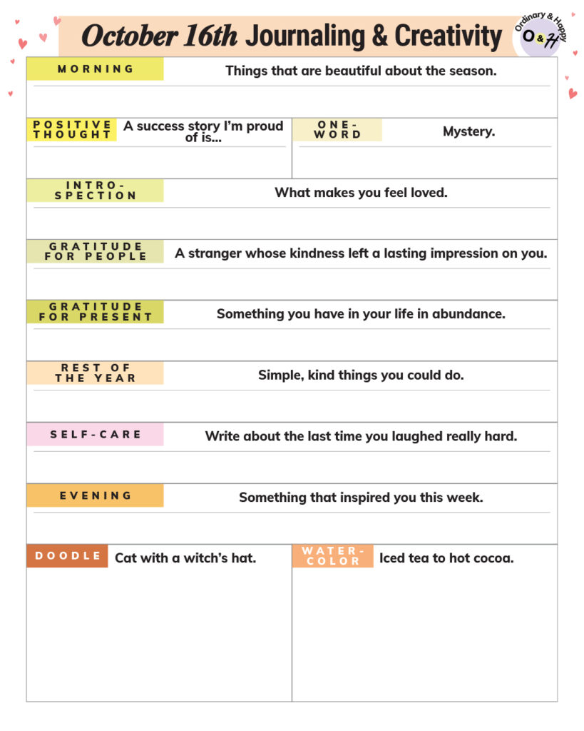 october 16th journaling and creativity worksheet planner with prompts to write about