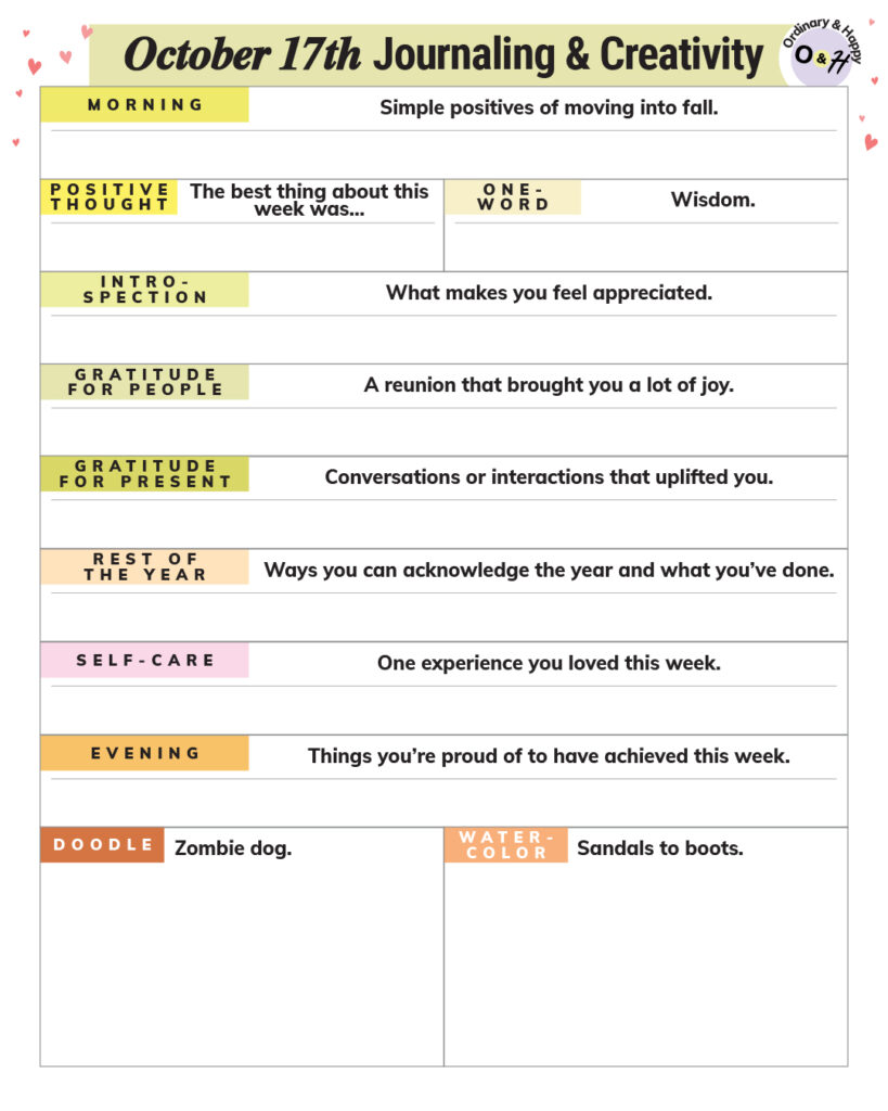 october 17th journaling and creativity planner with prompts and spaces for your answers