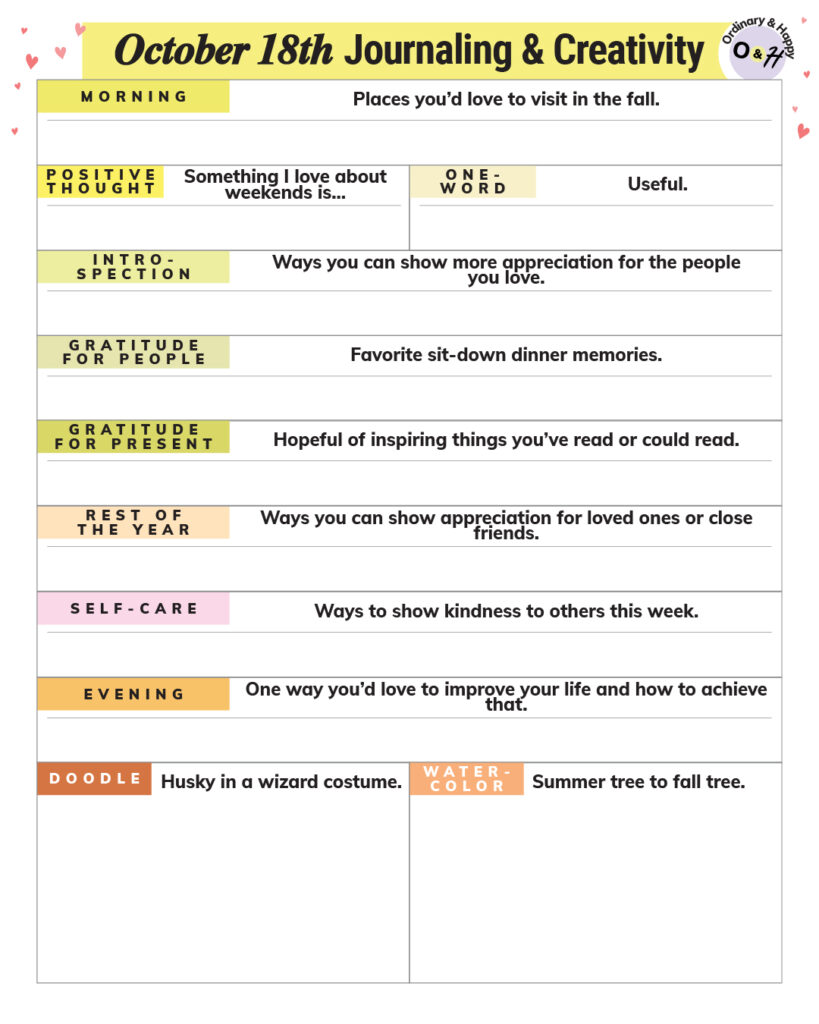 october 18th journaling prompts on a printable worksheet