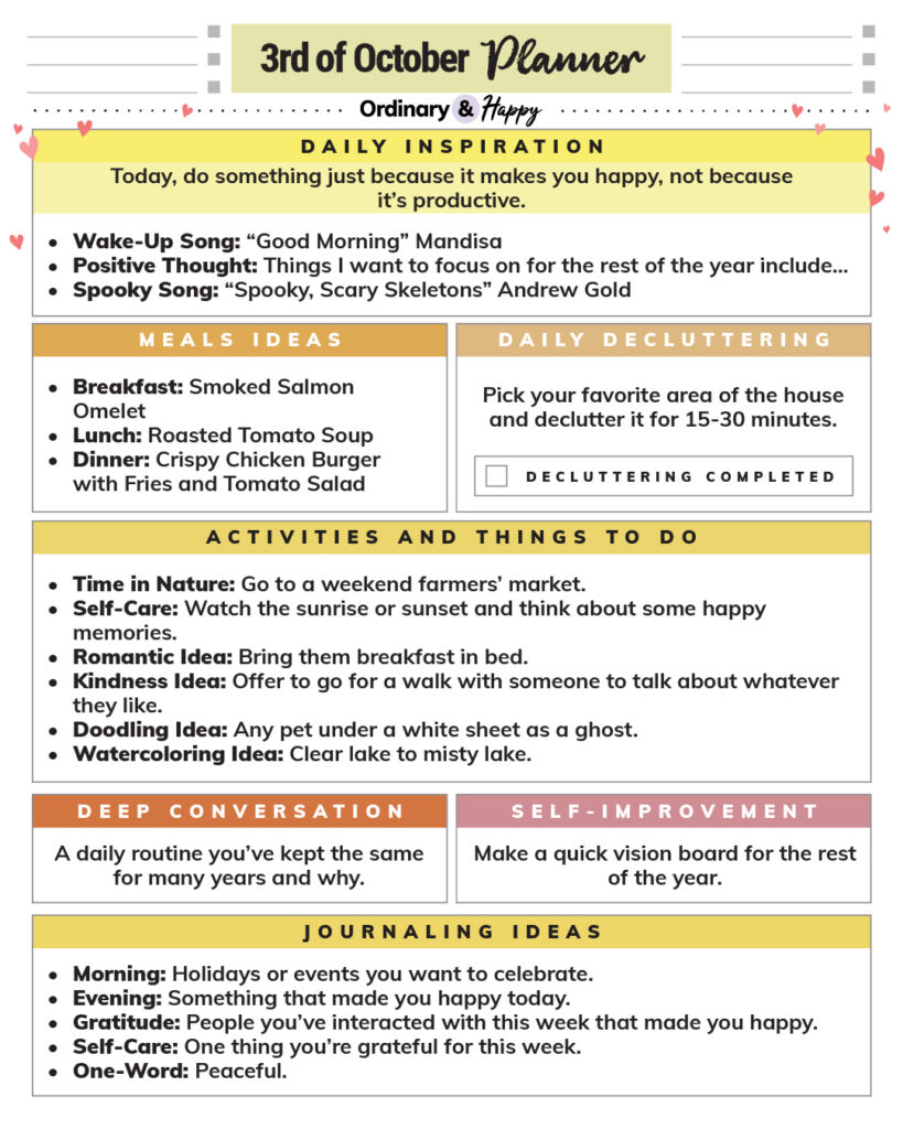 october 3rd planner consisting of different listicles of ideas for areas of daily life