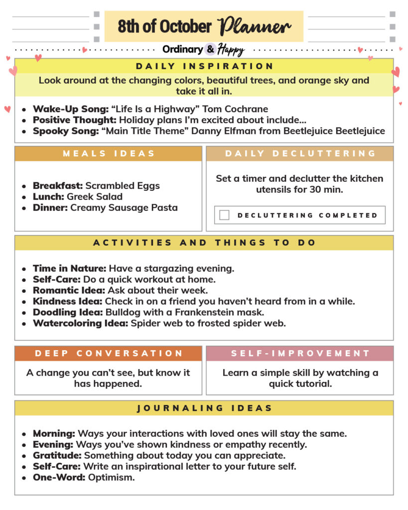 october 8th daily planner printable containing lists of ideas for the day