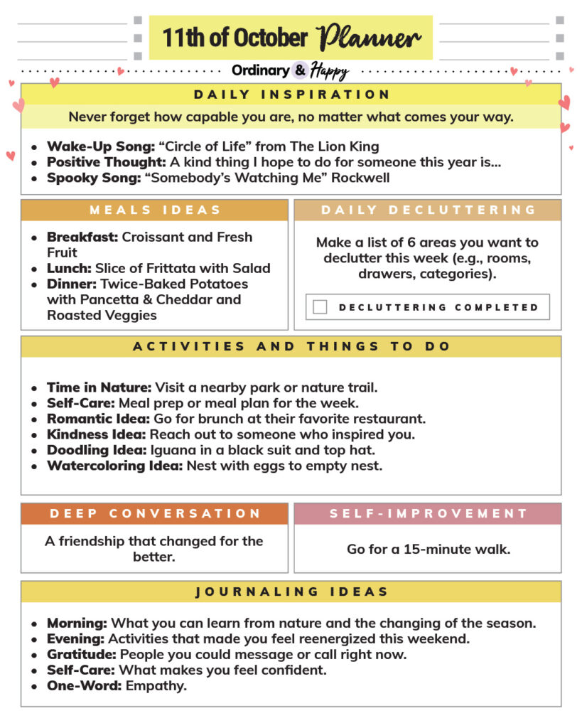 october 11th daily planner printable with sections of different ideas for the day