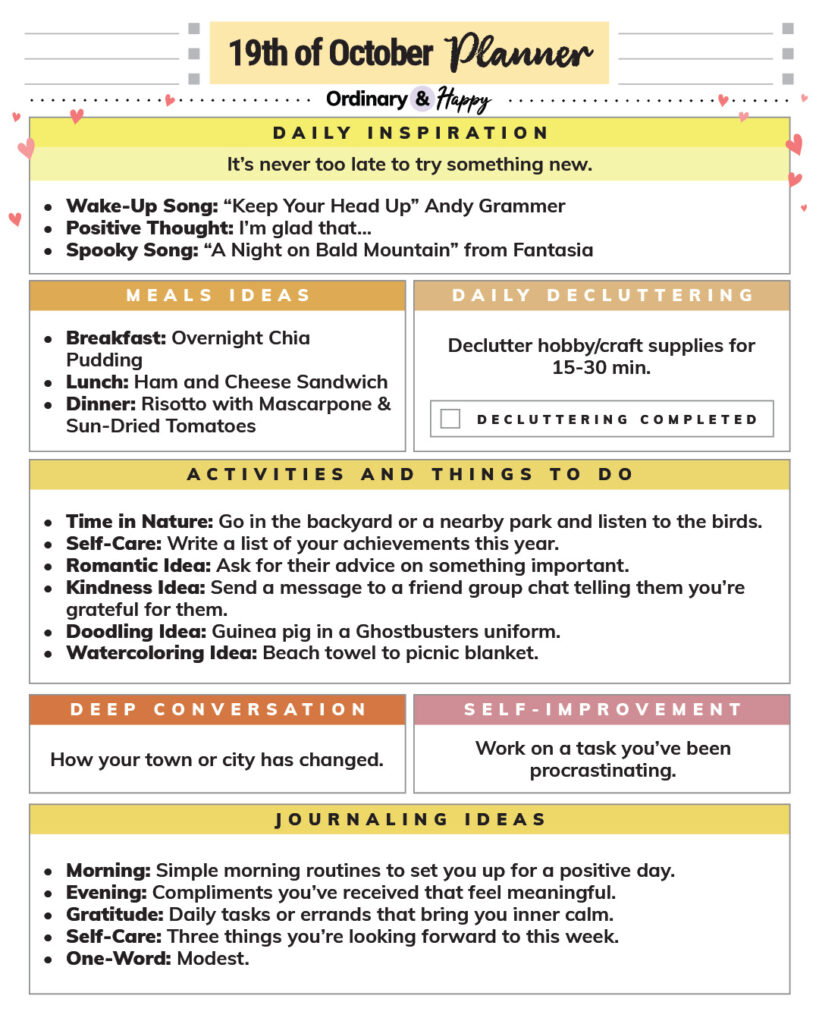october 19th daily planner printable with lists of ideas in different color-coded sections for the day