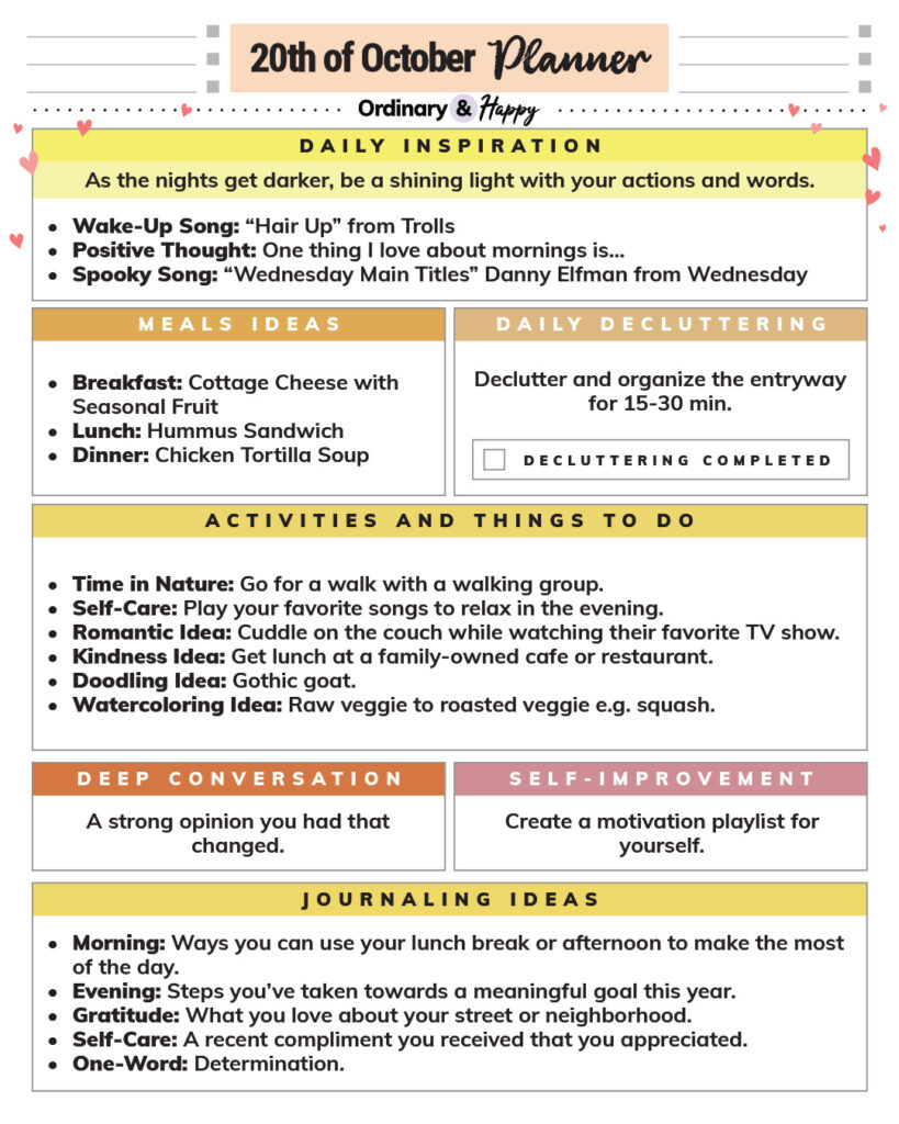 october 20th daily planner printable with lists of ideas for the day in different sections