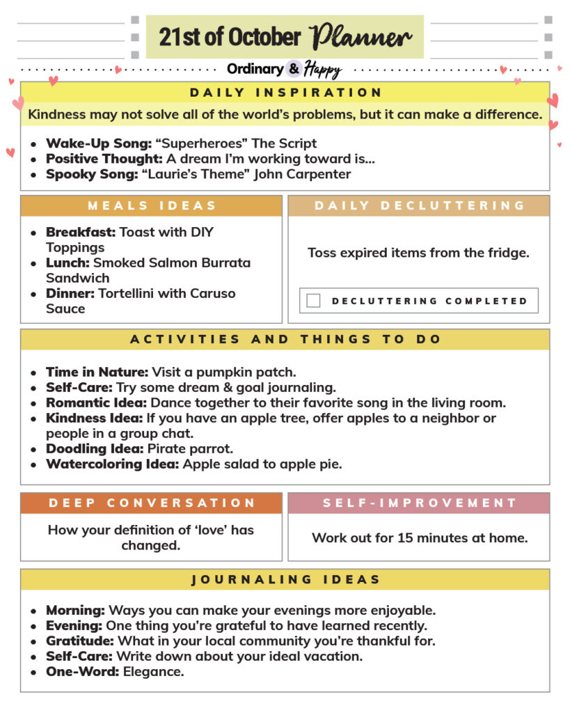 october 21st daily planner printable with listicles for the day to give you inspiration