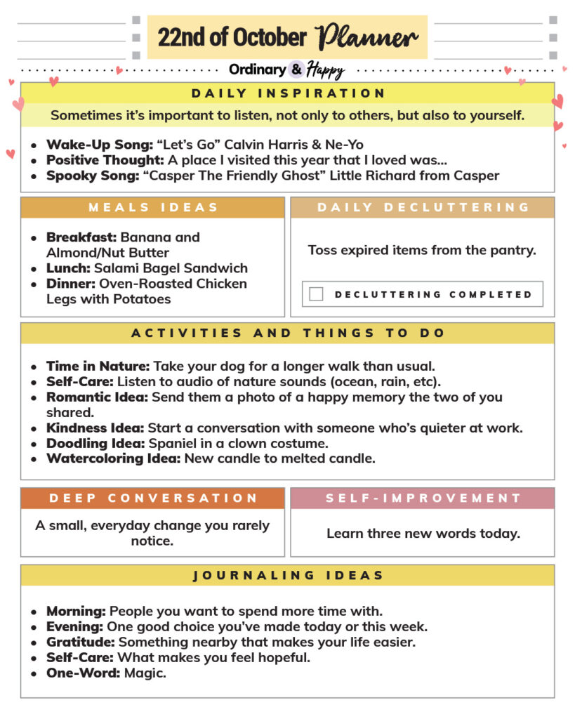 october 22nd daily planner printable containing ideas for inspiration, meals, decluttering, activities, conversation, self-improvement, and journaling in colorful sections