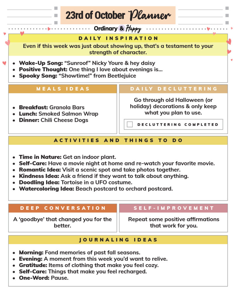october 23rd daily planner with lists of ideas for the different in colorful rectangular sections