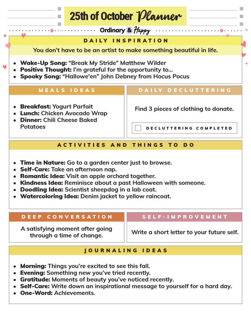 october 25th daily planner printable containing listicles of ideas for the day