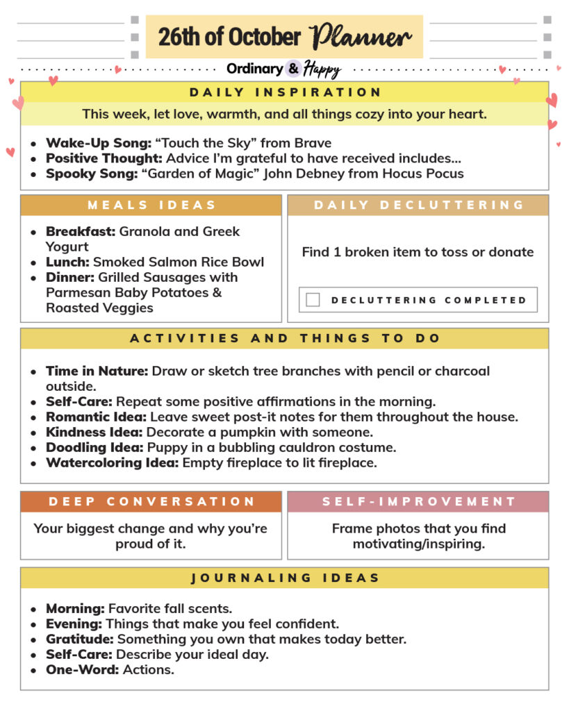 october 26th daily planner consisting of different sections with ideas for the day