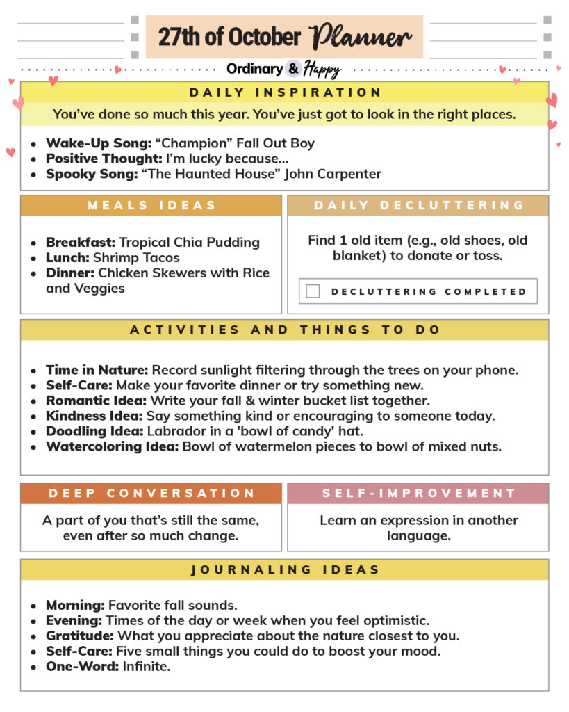 october 27th daily planner consisting of different sections with ideas for the day.