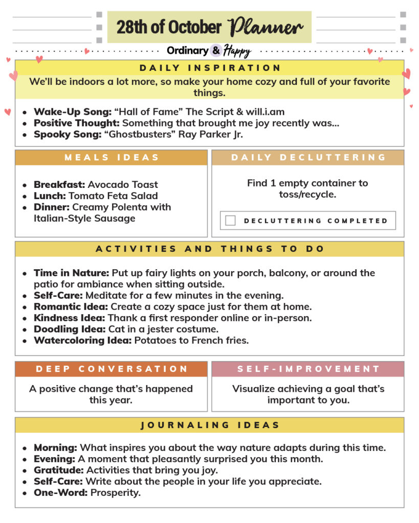 october 28th daily planner consisting of different sections with ideas for the day.