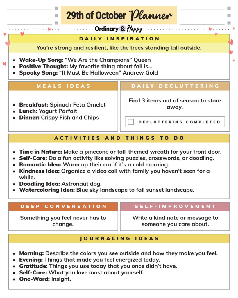 october 29th daily planner consisting of different sections with ideas for the day.