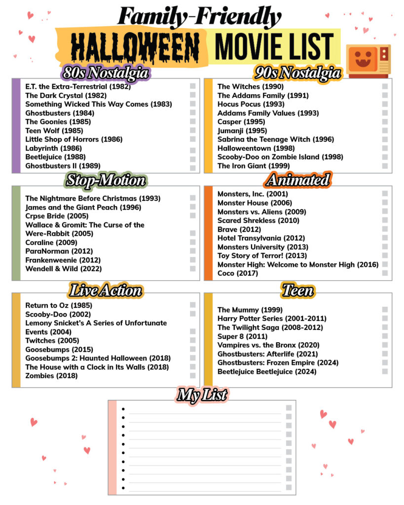 Family-friendly Halloween movie list.