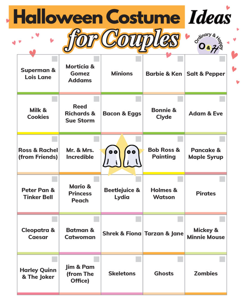 Halloween costume ideas for couples in a bingo format.