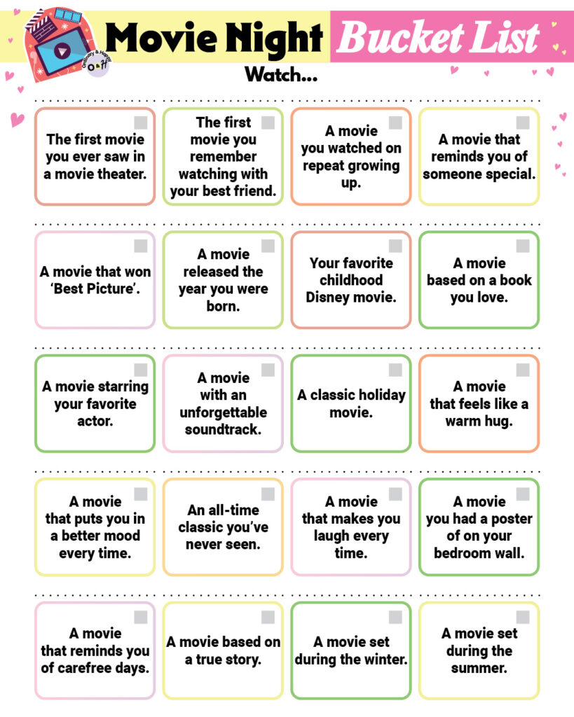 selection of 20 prompts to write your own movie bucket list