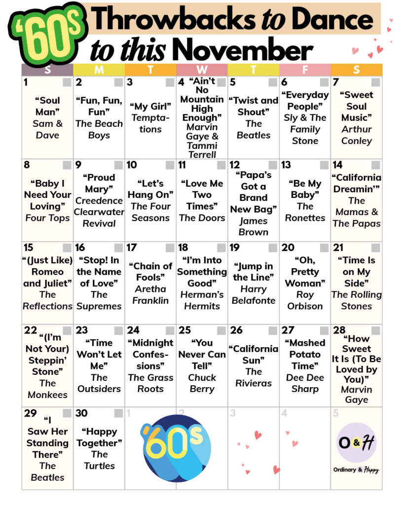 November 60s songs calendar.