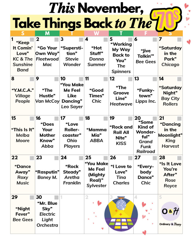 November 70s songs calendar.