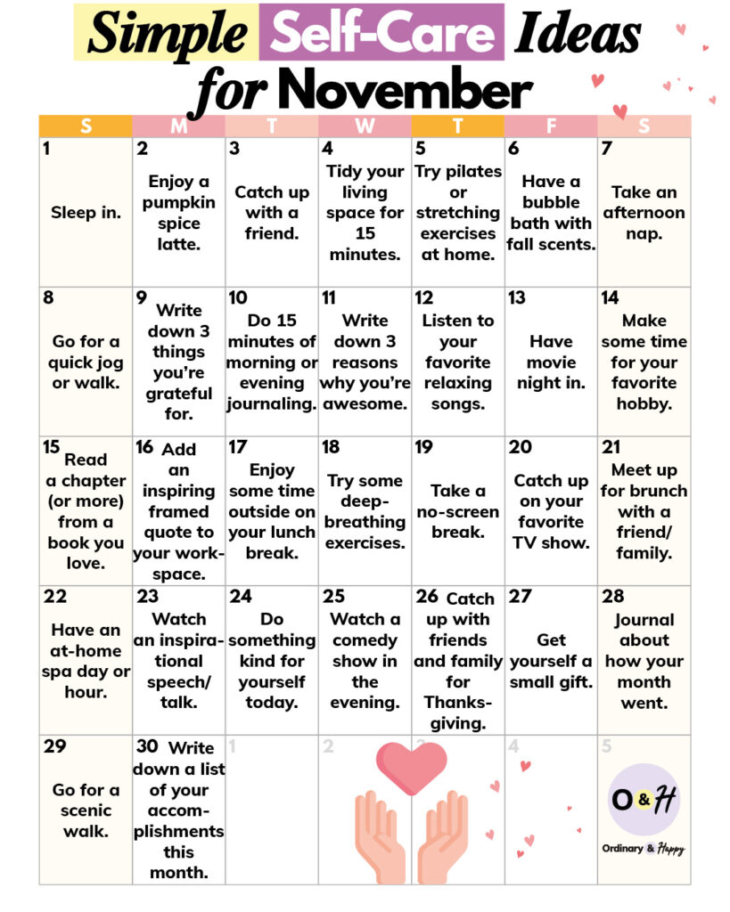 30-day self-care ideas calendar for the month of november with the individual ideas displayed in a 7x5 grid format