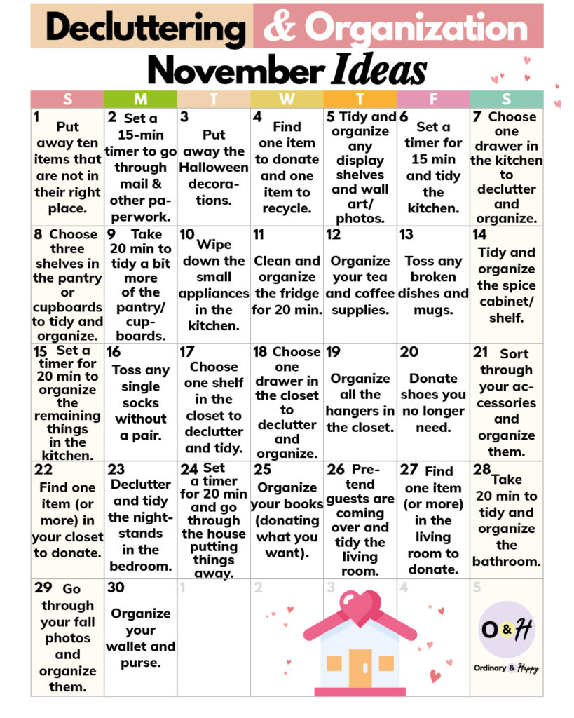30-day decluttering and organization calendar for the month of November