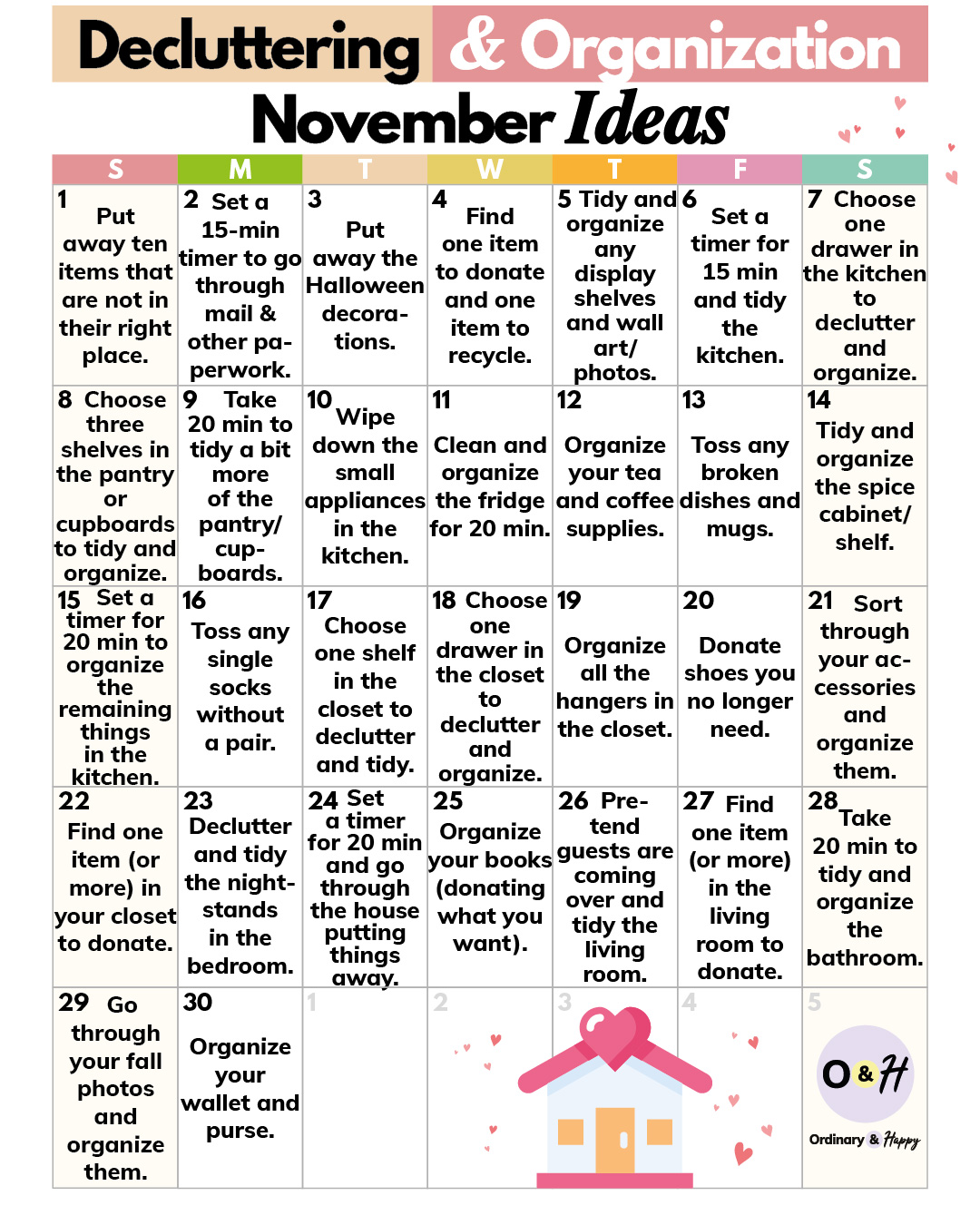 30-day decluttering and organization calendar for the month of november